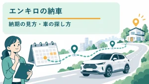 エンキロの納期帯を見ながら自宅納車までの車選びを示すイラスト